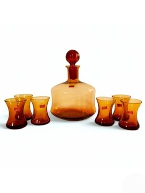 Empoli Italian Hand Blown Glass Decanter & Cordial Set Vintage MCM Rare